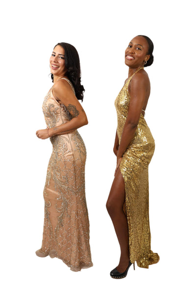 Chloe Champagne Dress with intricate beading, worn by models in formal setting.