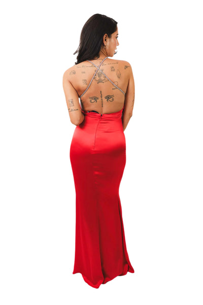 Esti Red Silk Dress in vibrant red, elegant evening gown with a sophisticated open-back design.