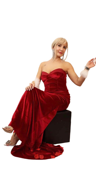 Edita Red Velvet Maxi Dress with corset and sweetheart neckline, perfect for special occasions.