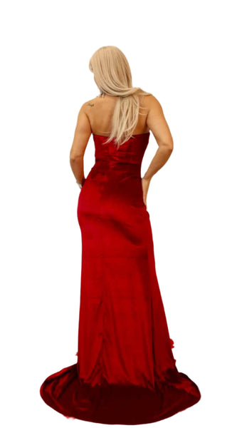 Edita Red Velvet Maxi Dress with corset and sweetheart neckline, back view.