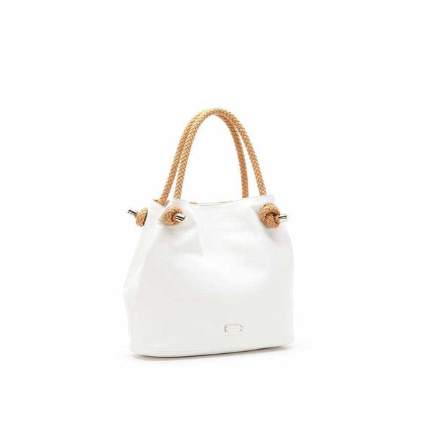 Braided handle shopper bag in white with sailor stripe interior.
