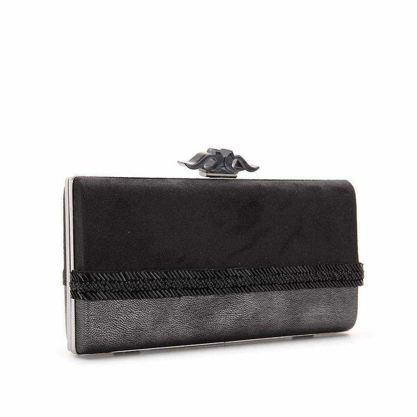 Rectangular two-tone Carolina cocktail clutch with decorative trim and Abbacino swallows closure.