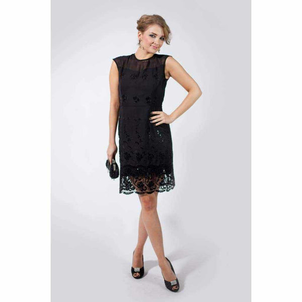 Embroidered sequined chiffon dress with round neck and escalloped lace hem.