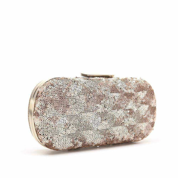 Golden clutch purse with embroidered sequins, metallic latch, and cross-strap.