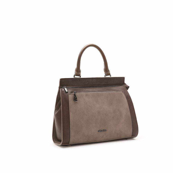 Maxima two-tone lady bag with hand strap, removable cross-strap, and front pocket.