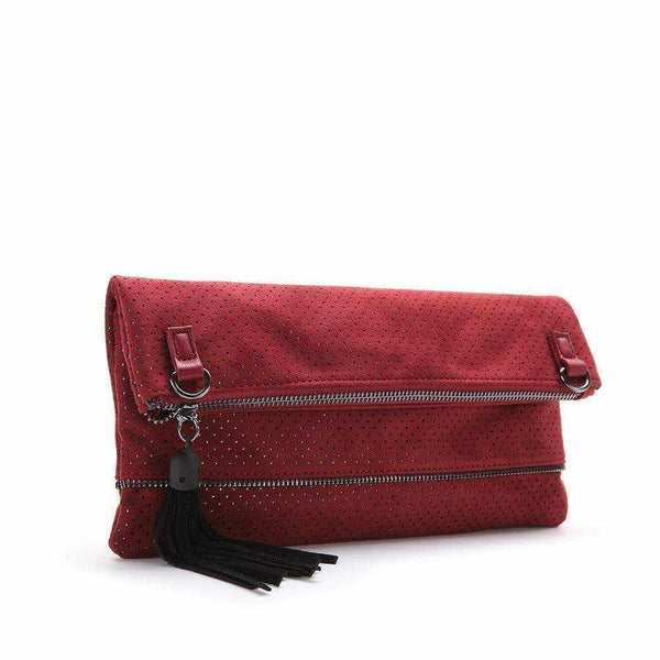 Mercedes cocktail shoulder bag in burgundy with zipper closure and tassel decoration.