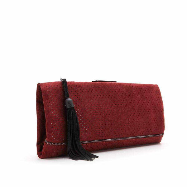 Burgundy Pilar cocktail clutch with die-cut design and leather tassel.