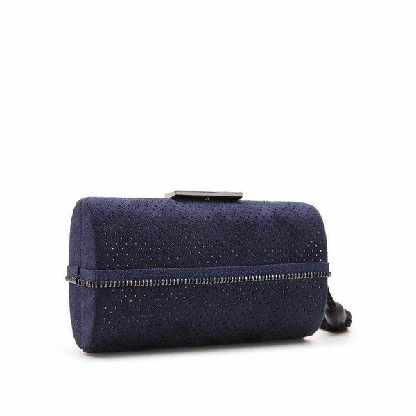 Pilar cocktail clutch with decorative tassel and die-cut design in blue.