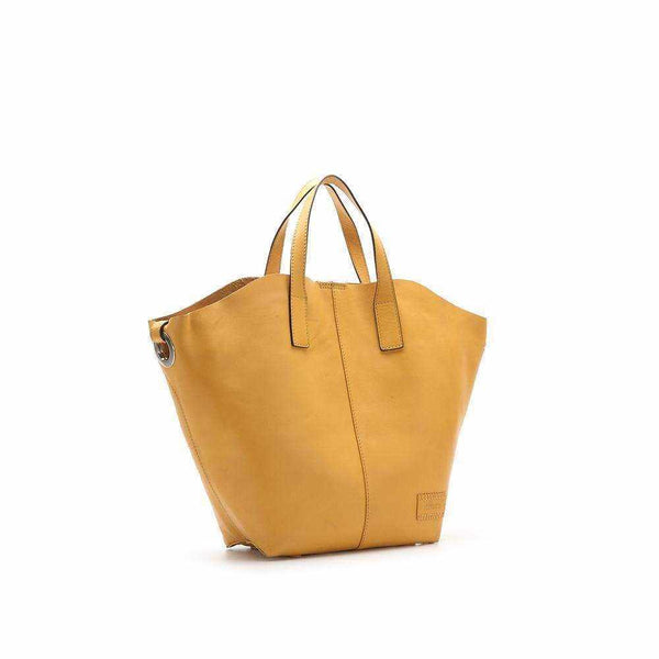 Premium leather shopper bag with adjustable cross-strap and double hand straps in yellow.