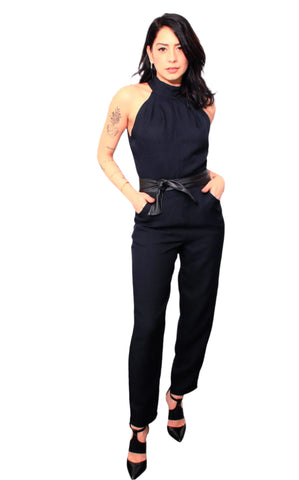 Elegant Classica Black Jumpsuit with refined silhouette and faux leather belt.