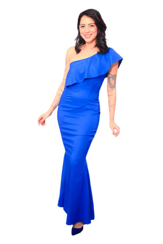 One shoulder royal blue dress with a body-con fish tail design.