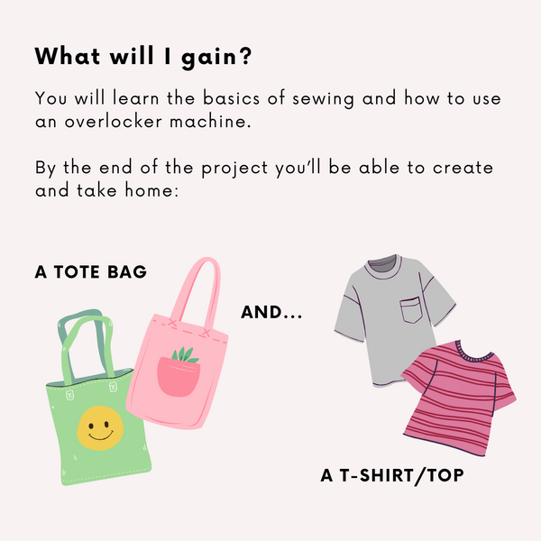 Beginner's sewing class for teens; learn to make tote bag and t-shirt.