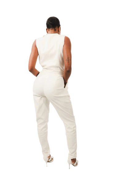 Yemi Sleeveless Jumpsuit in white, back view showing v-neck and sleek design.