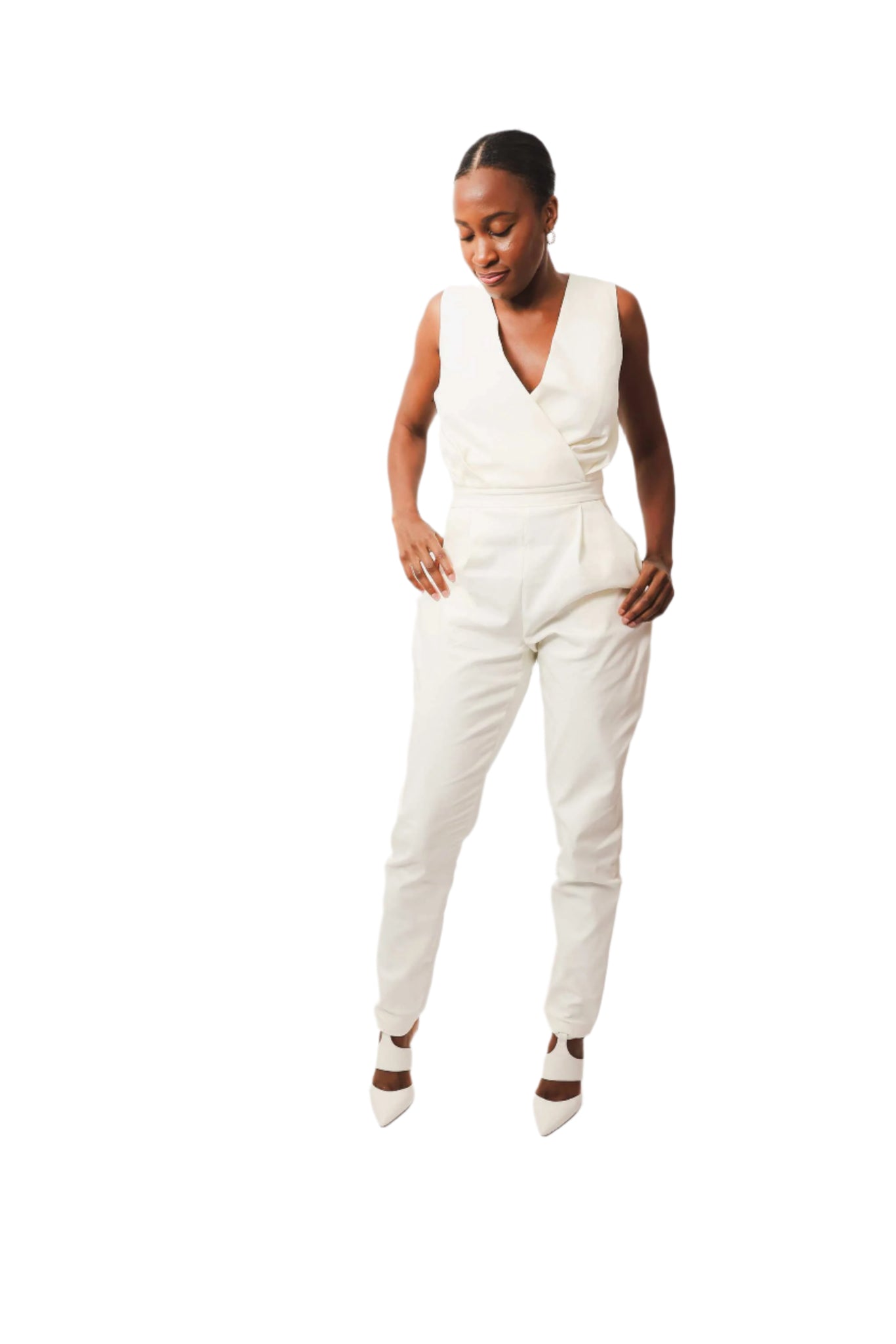 Yemi Sleeveless Jumpsuit with V-neck design, worn by model in size 10.