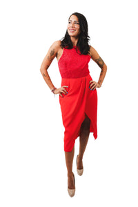 Lucy Red Lace Dress with halter neck, open back, and wrap skirt design.