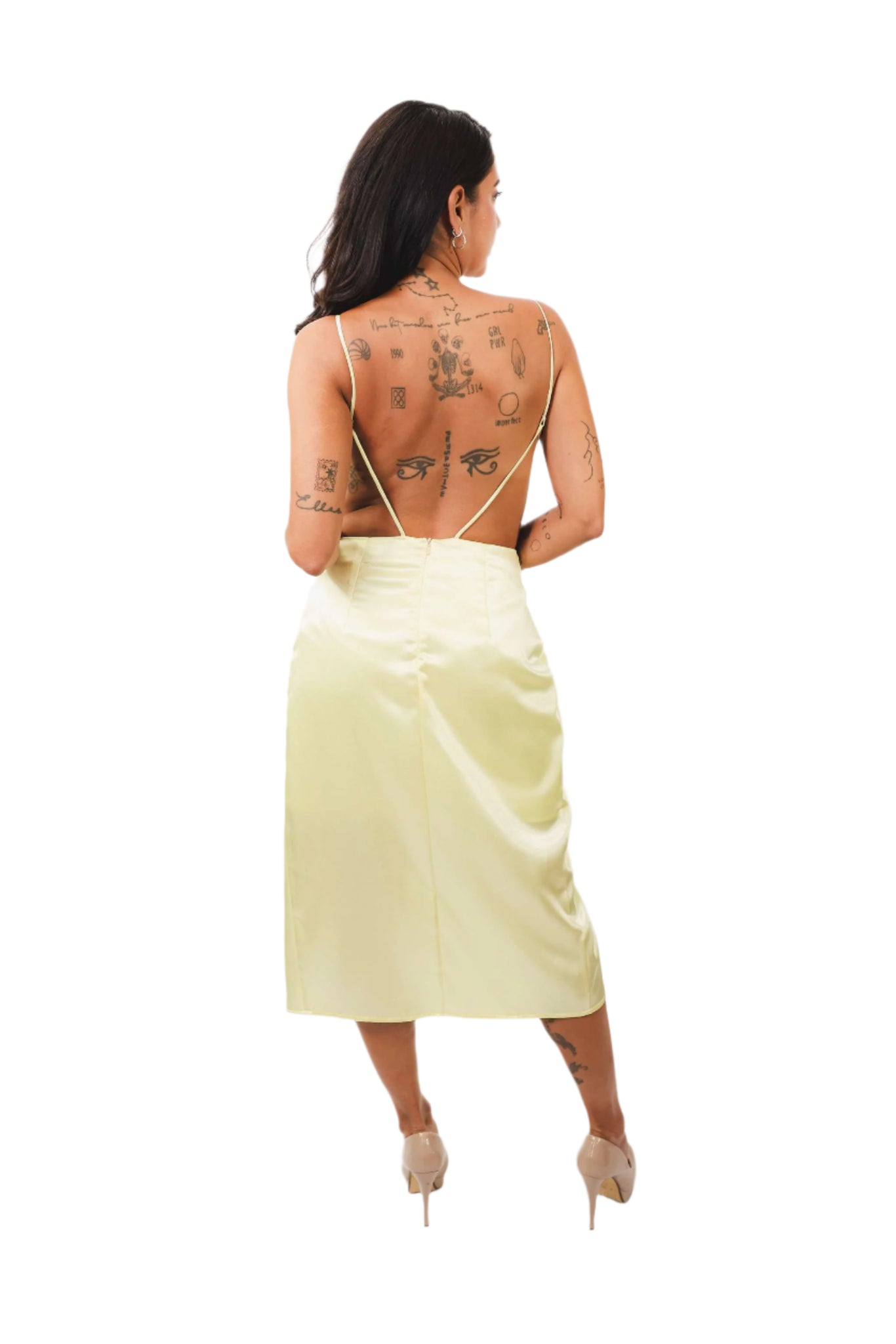 Back view of Daisy Yellow Lace Dress featuring open back design with thin straps.