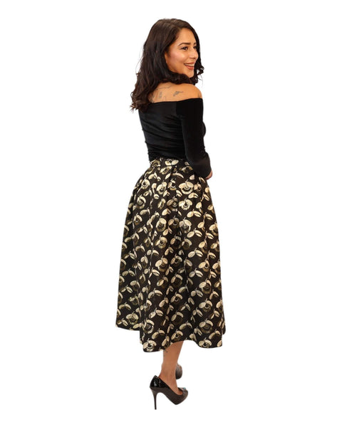 Charlotte Black Gold Midaxi Skirt with golden florals, A-line, high-waisted, under-knee length.