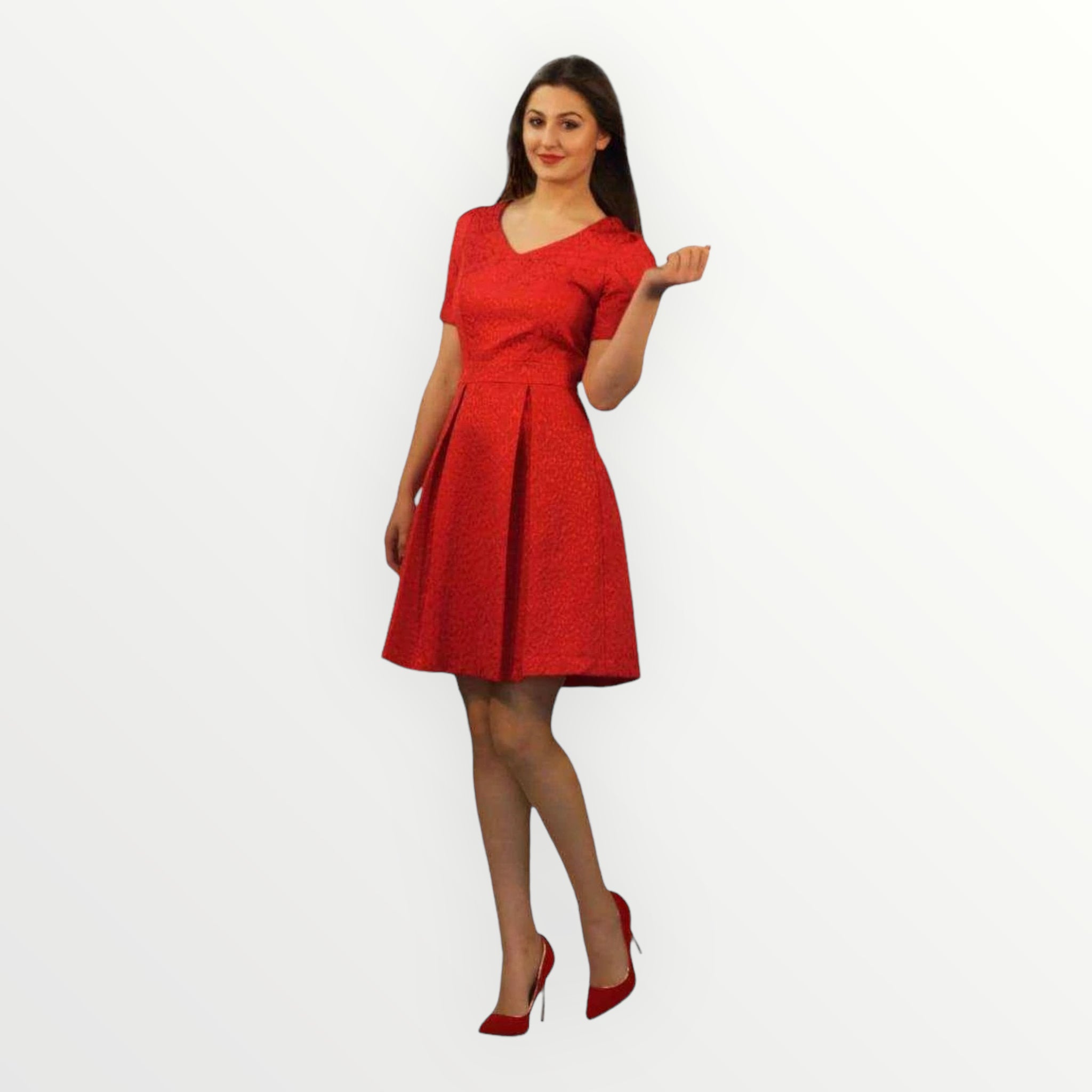 Skater dress in Red embossed brocade fabric