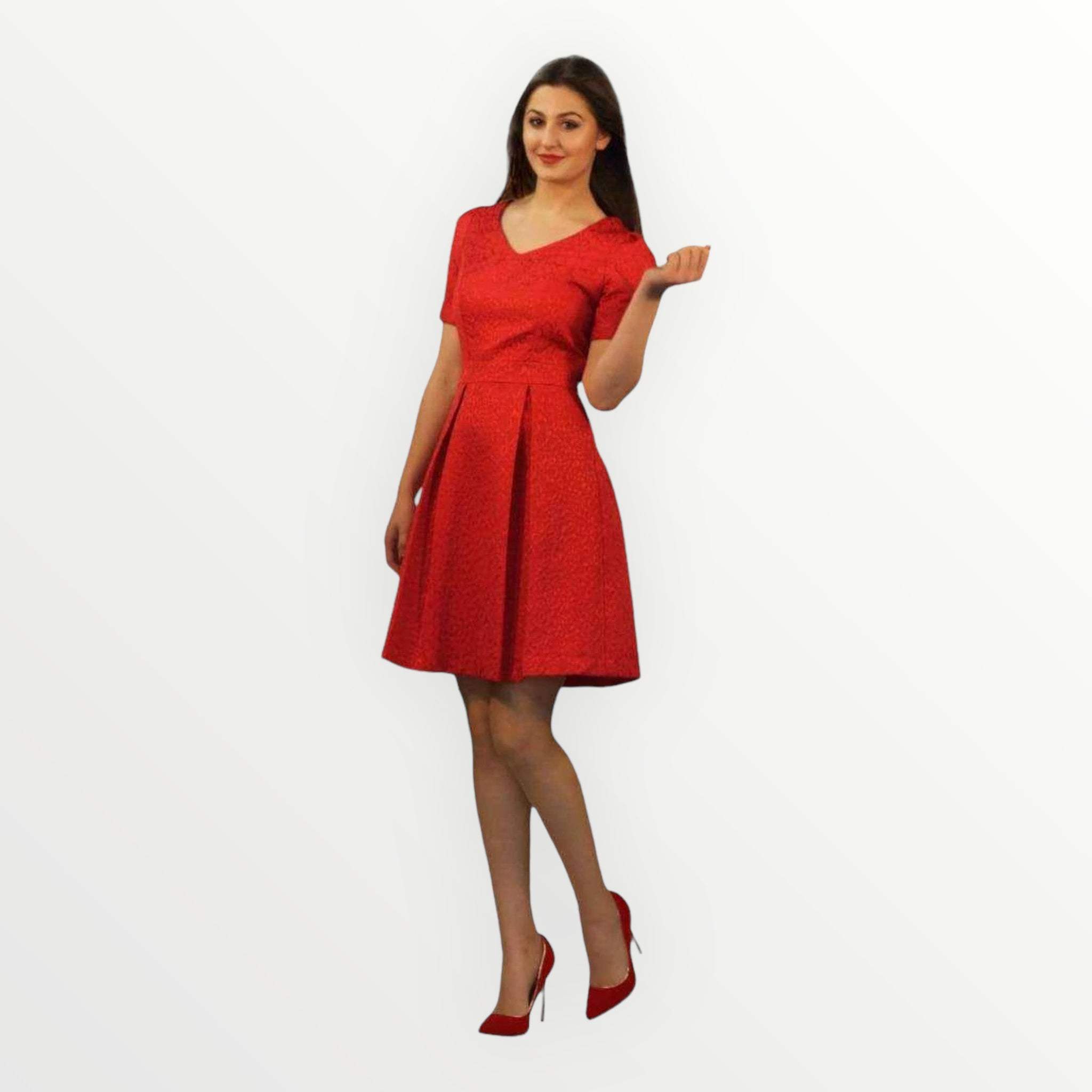 Skater Red Dress Flared - Stylish Short Sleeve Design Silvana Boutique Skater Red Dress Flared - Stylish Short Sleeve Design Silvana Boutique