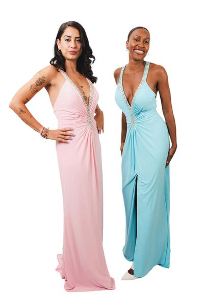 Elsie Pink Maxi Dress with ruche waist, embellished v-neck, and open back.