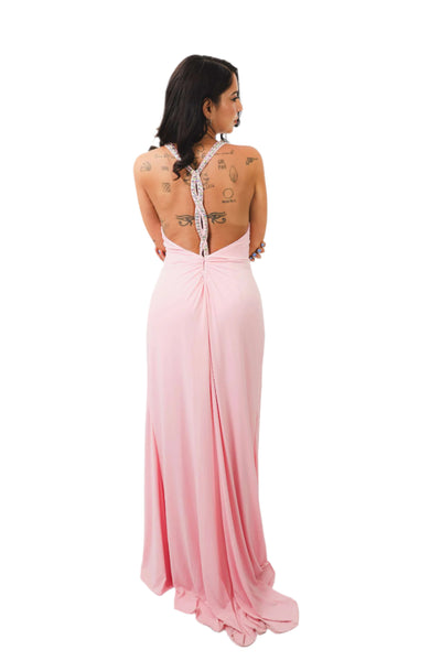 Elsie Pink Maxi Dress with ruche waist, deep v-neck, and open back design.