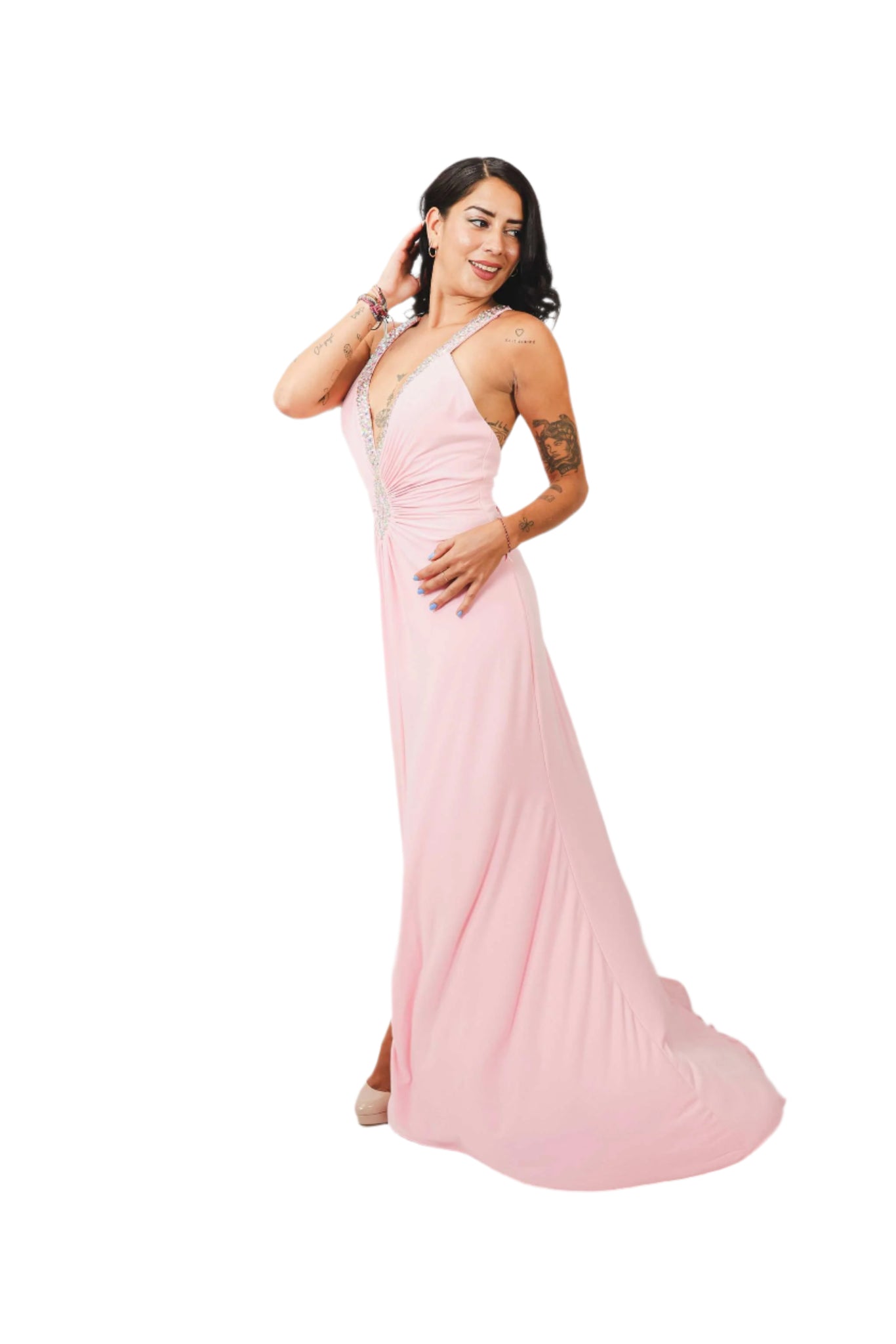 Elsie Pink Maxi Dress with ruche waist, deep v-neck, open back.