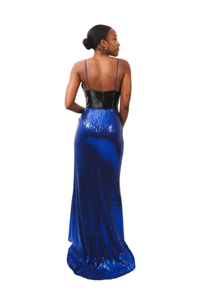 Elegant blue Ivy sequin long dress gown with beaded waist and back zipper, featuring a stunning tail and flattering fit for sizes 10 and above