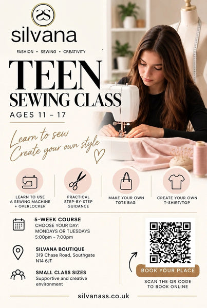 Silvanass Teen Sewing Class ages 11–17, Monday and Tuesday sessions, blush pink and cream poster