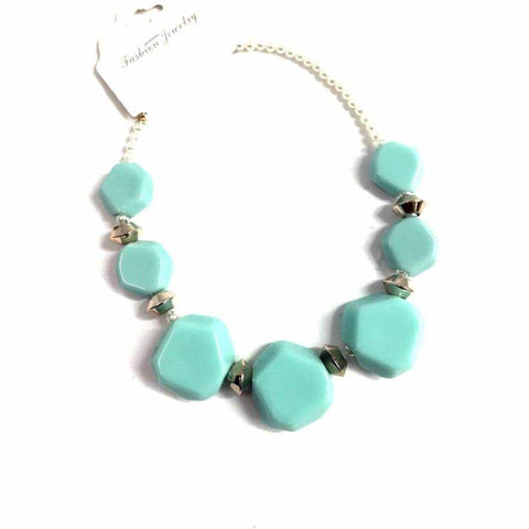Blue Gemstone Necklace with Silver Beads on Pearl Chain
