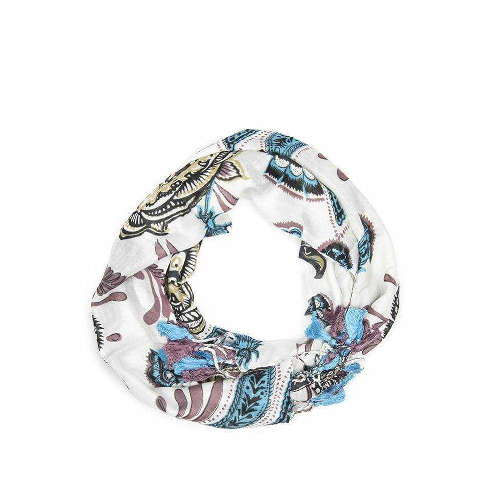 White Bohemian print scarf by Abbacino with mixed patterns.