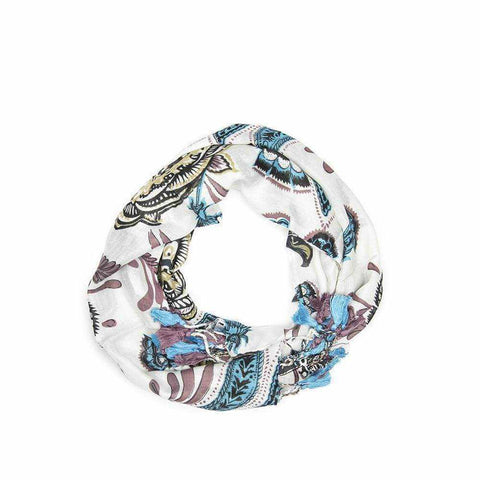 White Bohemian print scarf by Abbacino with mixed patterns.