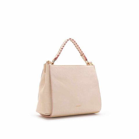 Braided Lady Bag with braided hand strap and removable cross-strap in granulated material.