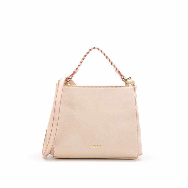 Braided Lady Bag with braided hand strap, removable cross-strap, granulated material, and colorful accents.