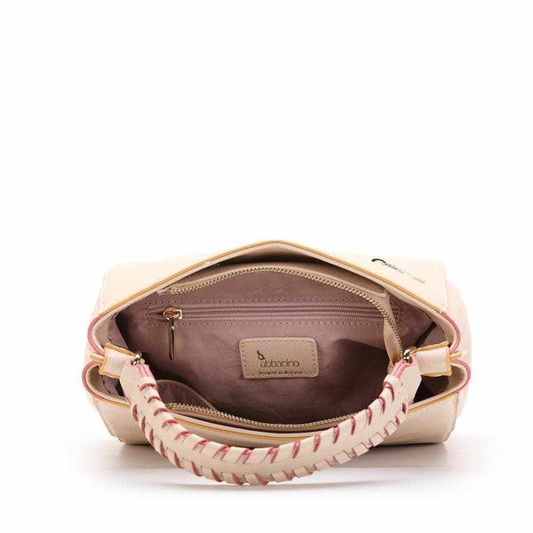 Braided Lady Bag with decorative hand strap and removable cross-strap, featuring elegant granulated material and colored accents.