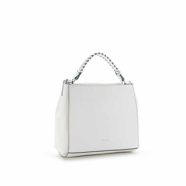 White braided lady bag with decorated hand strap and removable cross-strap.