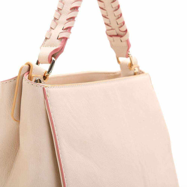 Braided Lady Bag with elegant braided hand strap and granulated material.
