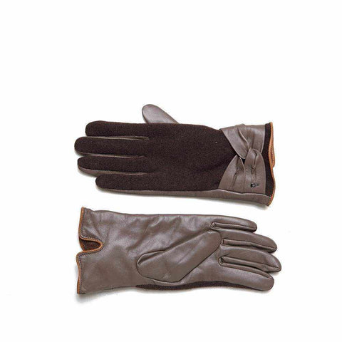 Cameron gloves with split and smooth leather design, featuring intertwined leather on wrist and metallic swallow detail.