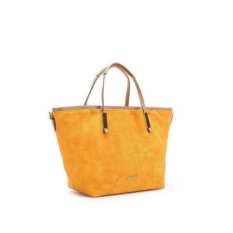 Chic shopper bag in yellow with decorative print and calf hide accents.