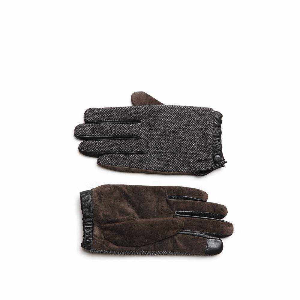 De Lucia brown gloves with leather, suede, and wool design; touchscreen-compatible with buttoned cuffs and metallic detail.