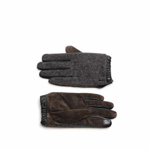 De Lucia brown gloves with leather, suede, and wool design; touchscreen-compatible with buttoned cuffs and metallic detail.
