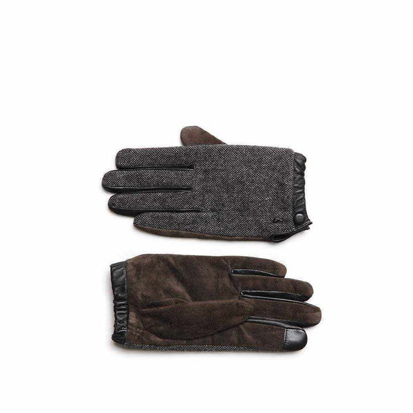 De Lucia brown gloves with leather, suede, and wool design; touchscreen-compatible with buttoned cuffs and metallic detail.