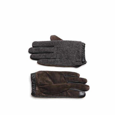 De Lucia brown gloves with leather, suede, and wool design; touchscreen-compatible with buttoned cuffs and metallic detail.