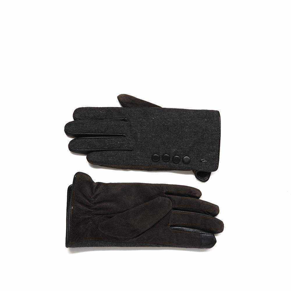 De Lucia gloves with leather, suede, woven wool, touch screen capability, and lined buttons.