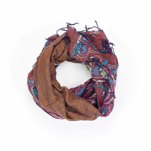 Floral paisley print scarf with intricate embroidery in burgundy.