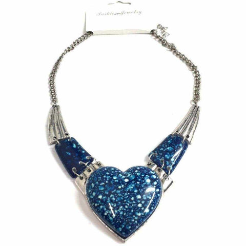 Heart shaped stone necklace on a metal chain in blue color.