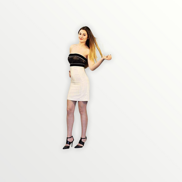 Black and white mini party dress made of silk taffeta and grosgrain fabric.