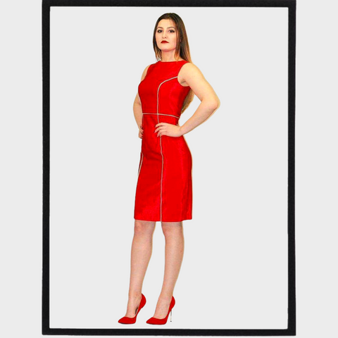 Elegant red classic shift dress with white piping, made of silk grosgrain fabric, ideal for dinner parties.