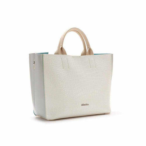Two-tone leather shopper bag with croc-inspired print and Abbacino logo.