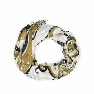 Large paisley print scarf in beige, black, and white with tassel trim.
