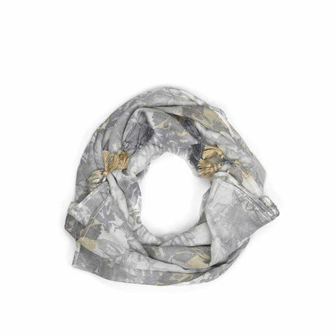 Leaf Print Tassel Scarf with Multi-Tonal Design in Grey